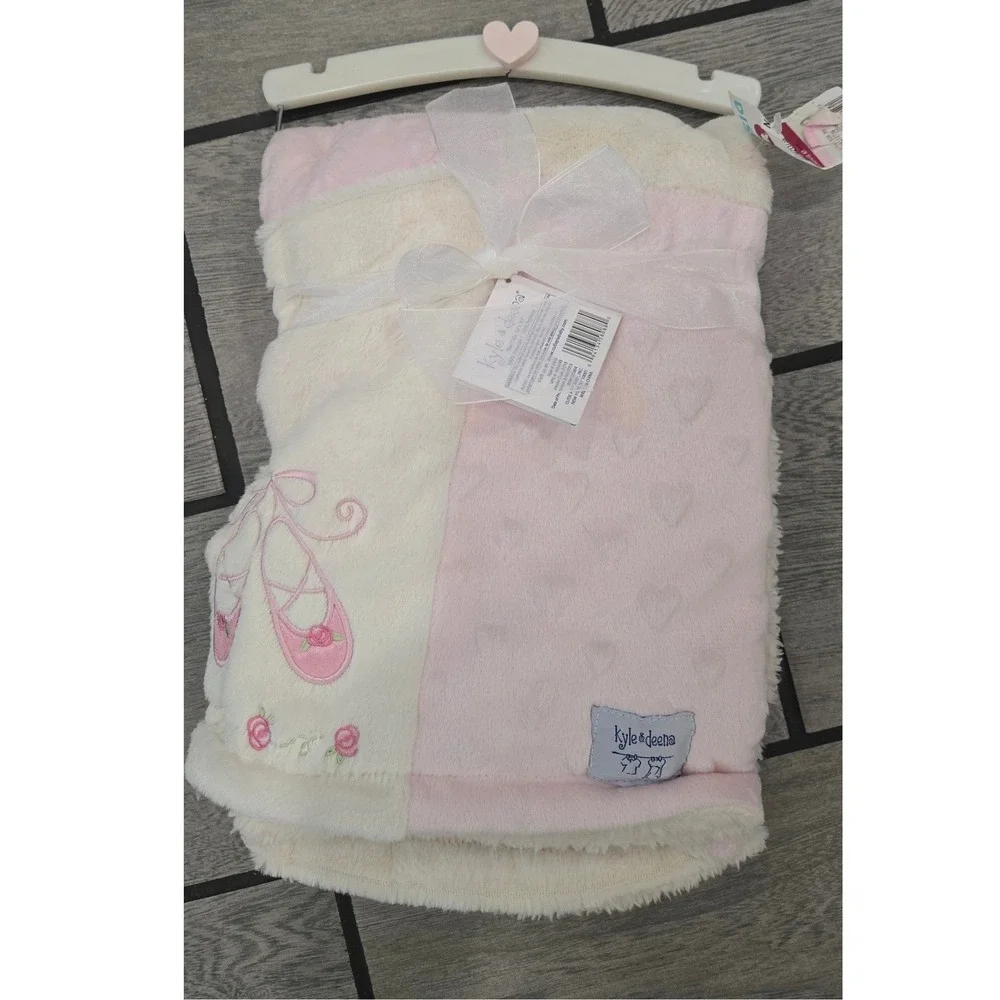 Kyle & Deena Baby Blanket Pink Cream Ballet Slipper Embroidered Plush 30x30 NWT